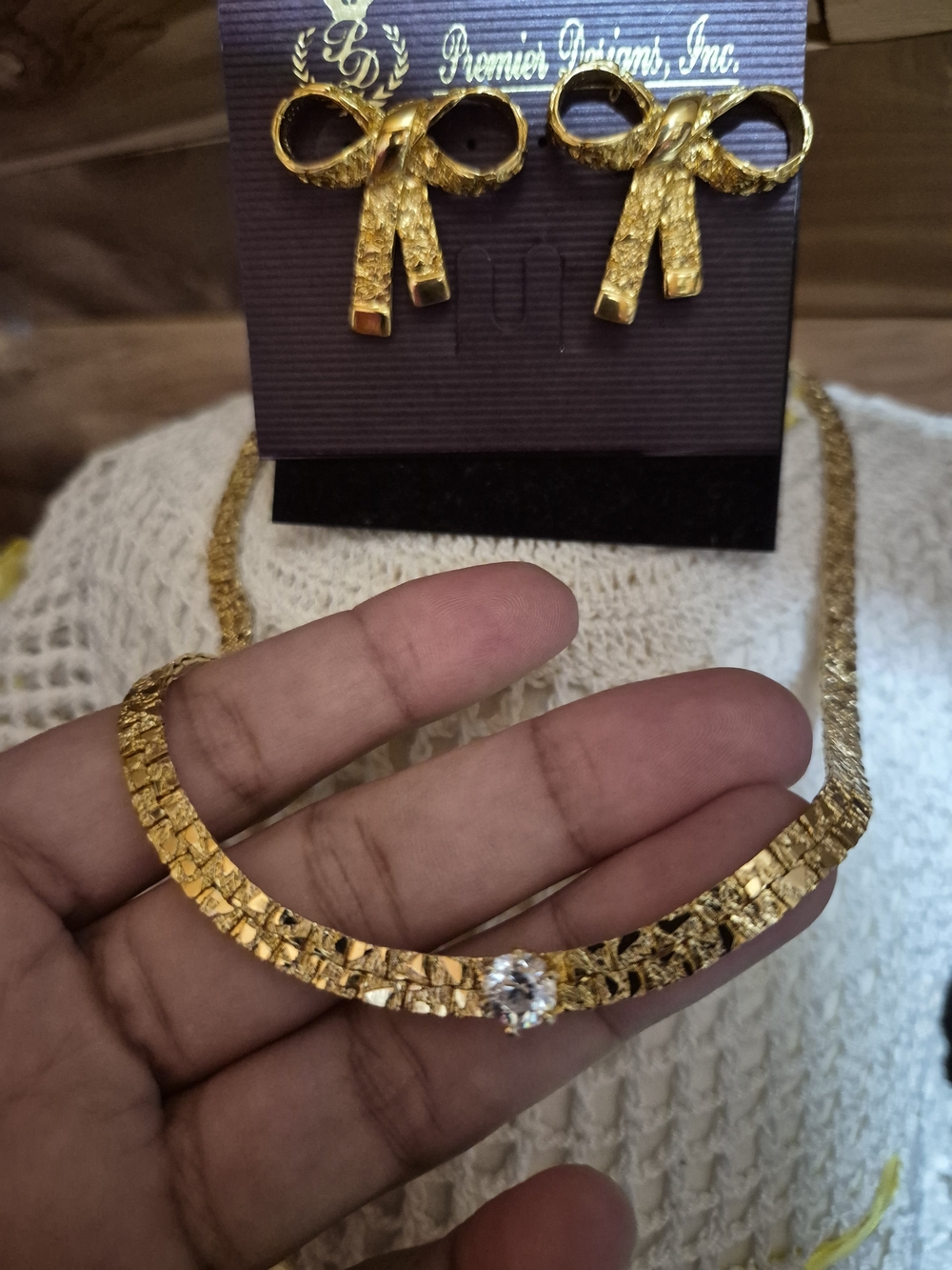 Premier Designs Gold Bow Earrings and Necklace Set